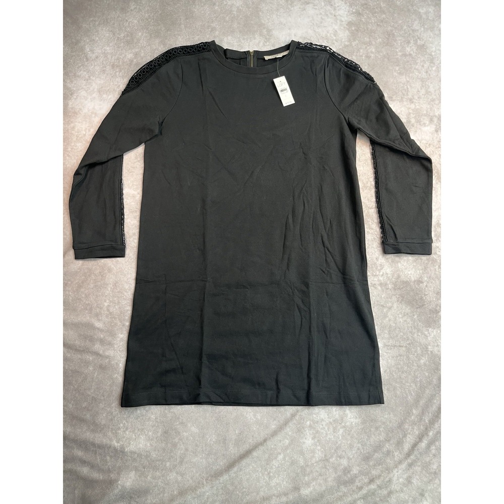NWT LOFT Black Eyelet Knit A-Line Dress Long Sleeve 100% Cotton Large